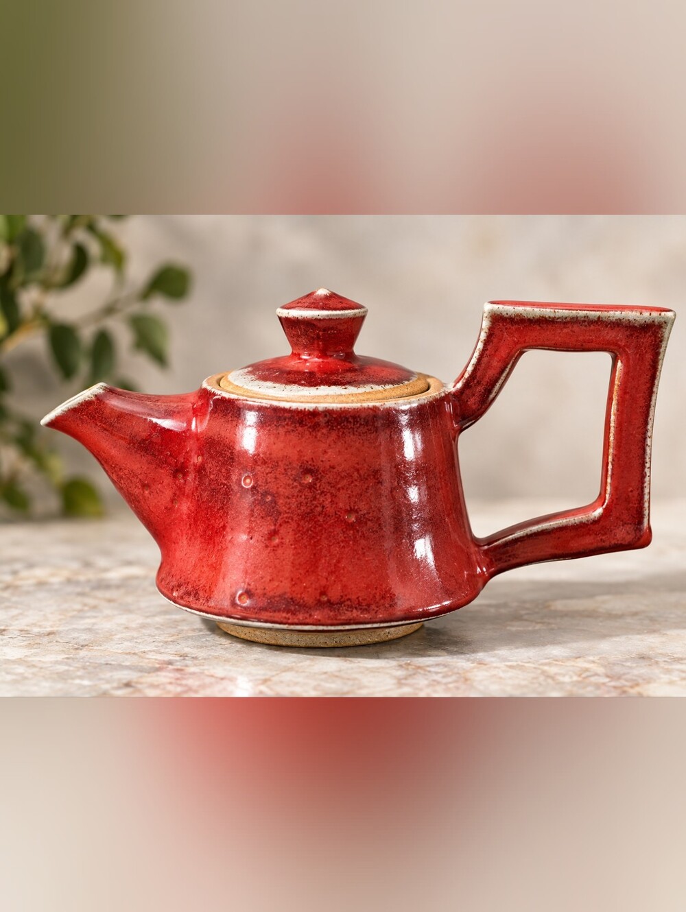 Studio Pottery Oxblood Red Stoneware Teapot Geometric Handle G Chop Handmade